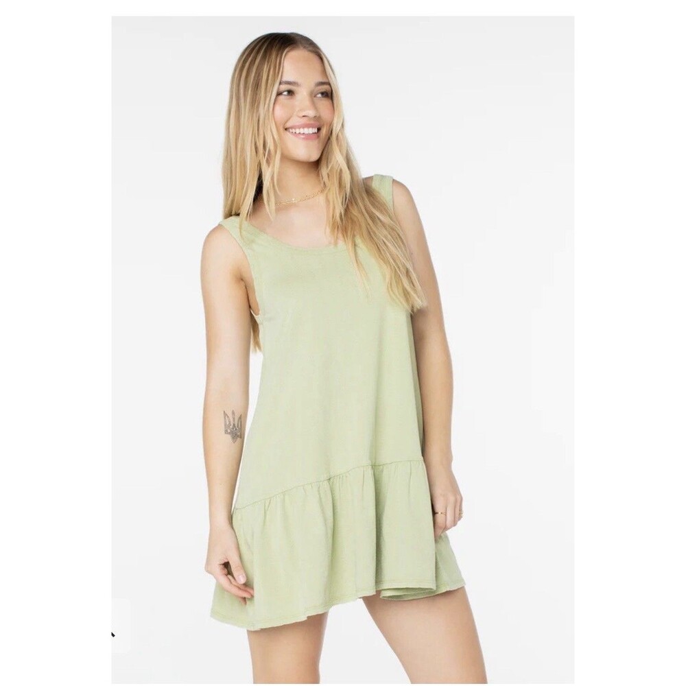 Roxy Women's Size XL Still Salty Cotton Mini Dress Sage Green Swim Cover Flouncy
